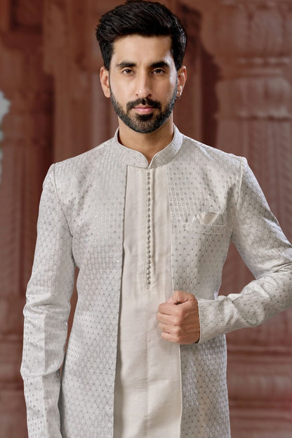 Slate Blue Colour Jacquard and Silk Dhupion Sherwani SH1040572 A