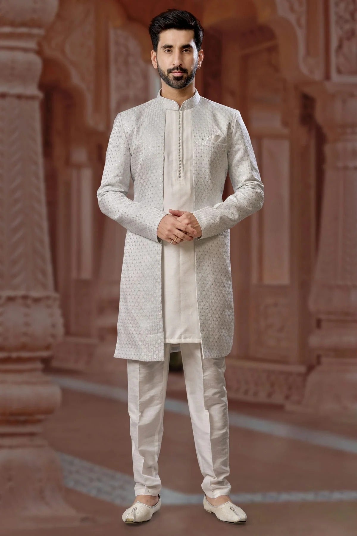 Slate Blue Colour Jacquard and Silk Dhupion Sherwani SH1040572
