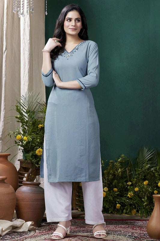 Slate Blue Colour Maaza Cotton Kurta And Pant Set KR1111345