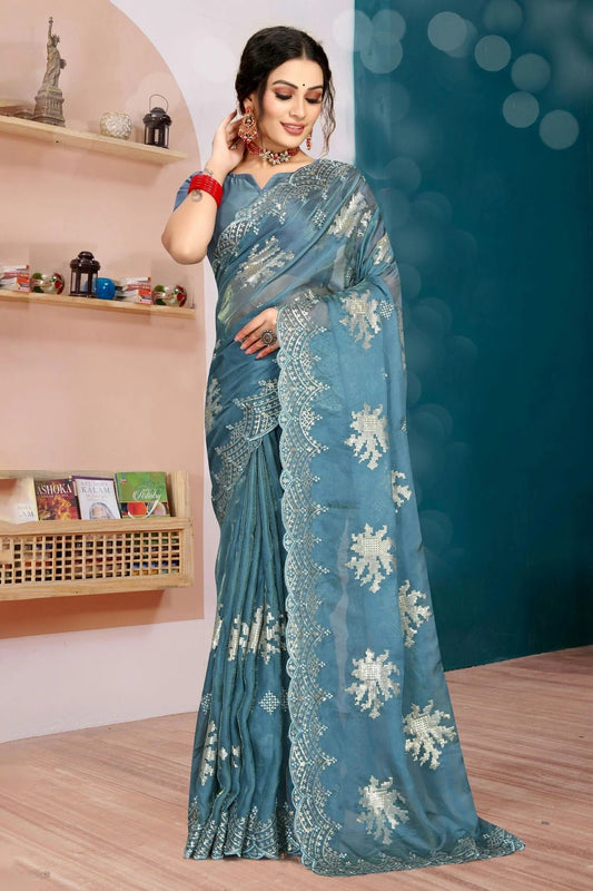 Slate Blue Colour Organza Silk Designer Saree LC1121339