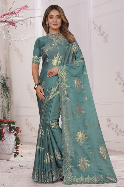 Slate Blue Colour Organza Silk Designer Saree LC1121456