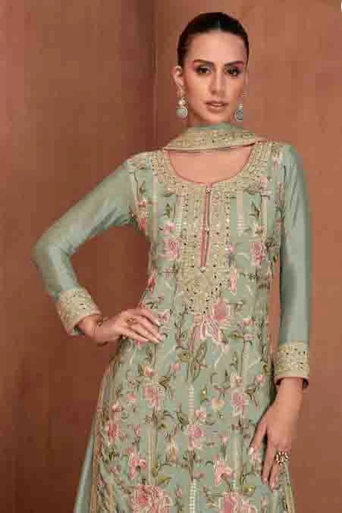 Slate Blue Colour Semi Stitched Chinon Palazzo Pant Suit SM1140651 A