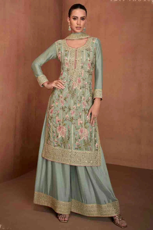 Slate Blue Colour Semi Stitched Chinon Palazzo Pant Suit SM1140651