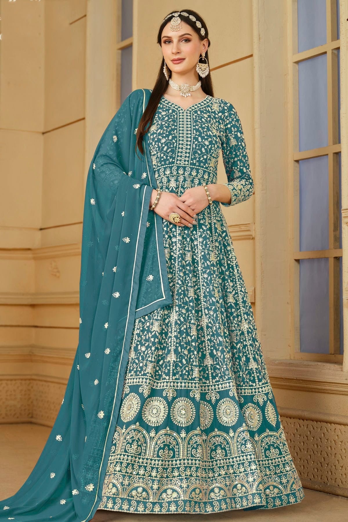 Slate Blue Colour Semi Stitched Faux Georgette Anarkali Suit SM1050463