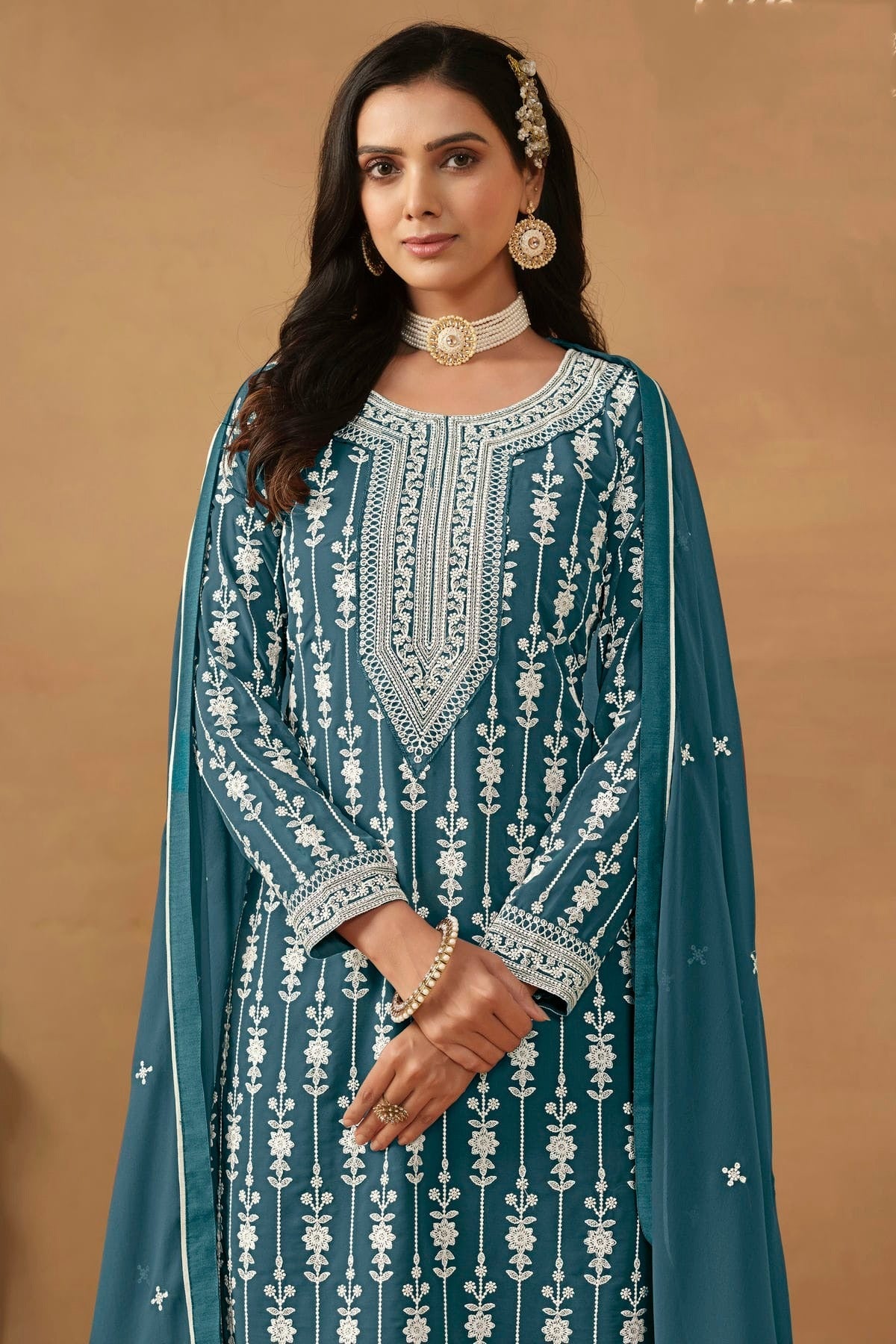Slate Blue Colour Semi Stitched Faux Georgette Sharara Suit SM1050455 A