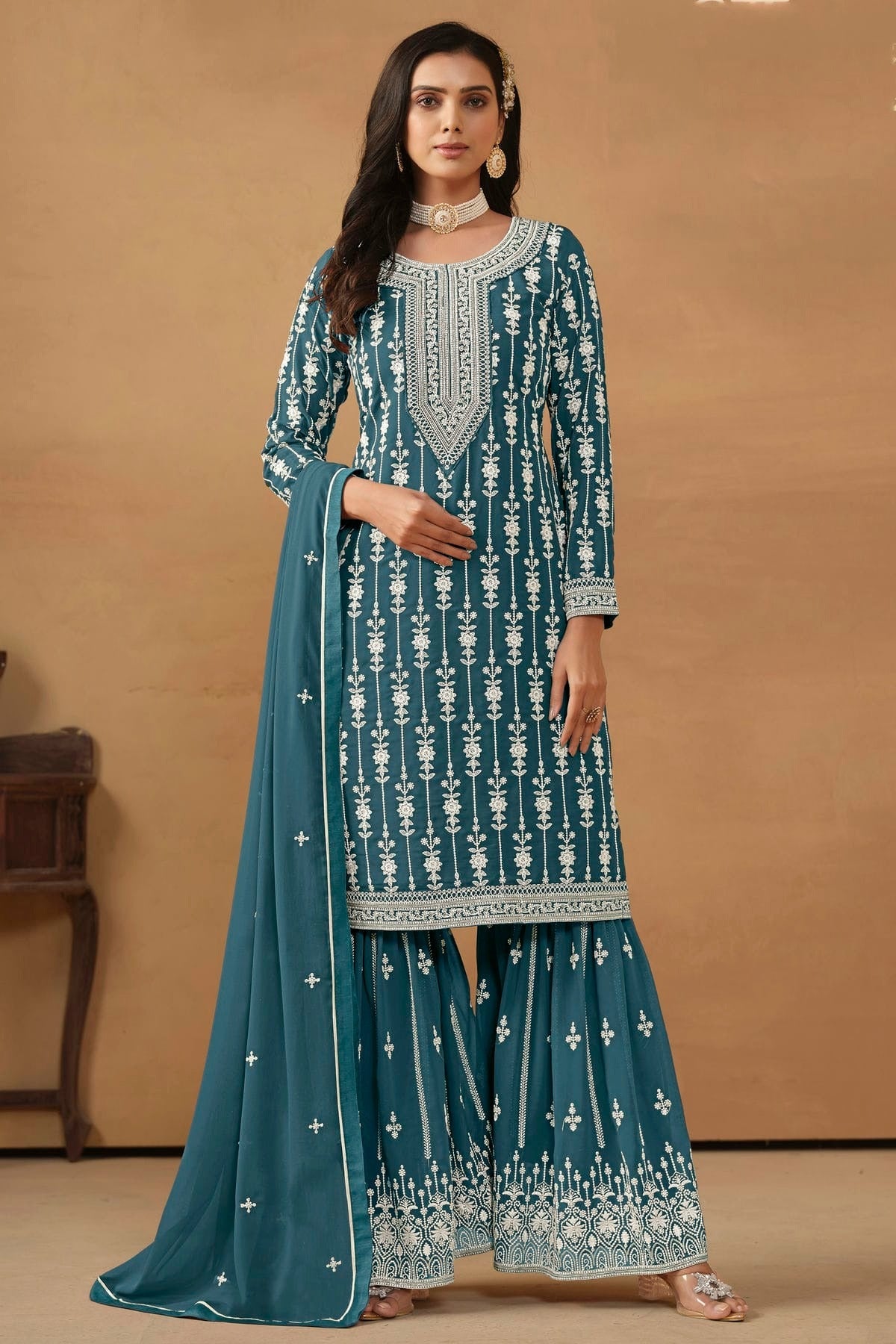 Slate Blue Colour Semi Stitched Faux Georgette Sharara Suit SM1050455
