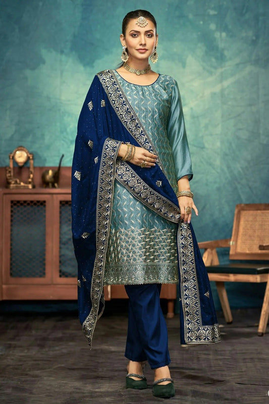 Slate Blue Colour Semi Stitched Vichitra Silk Pant Style Suit SM1140512