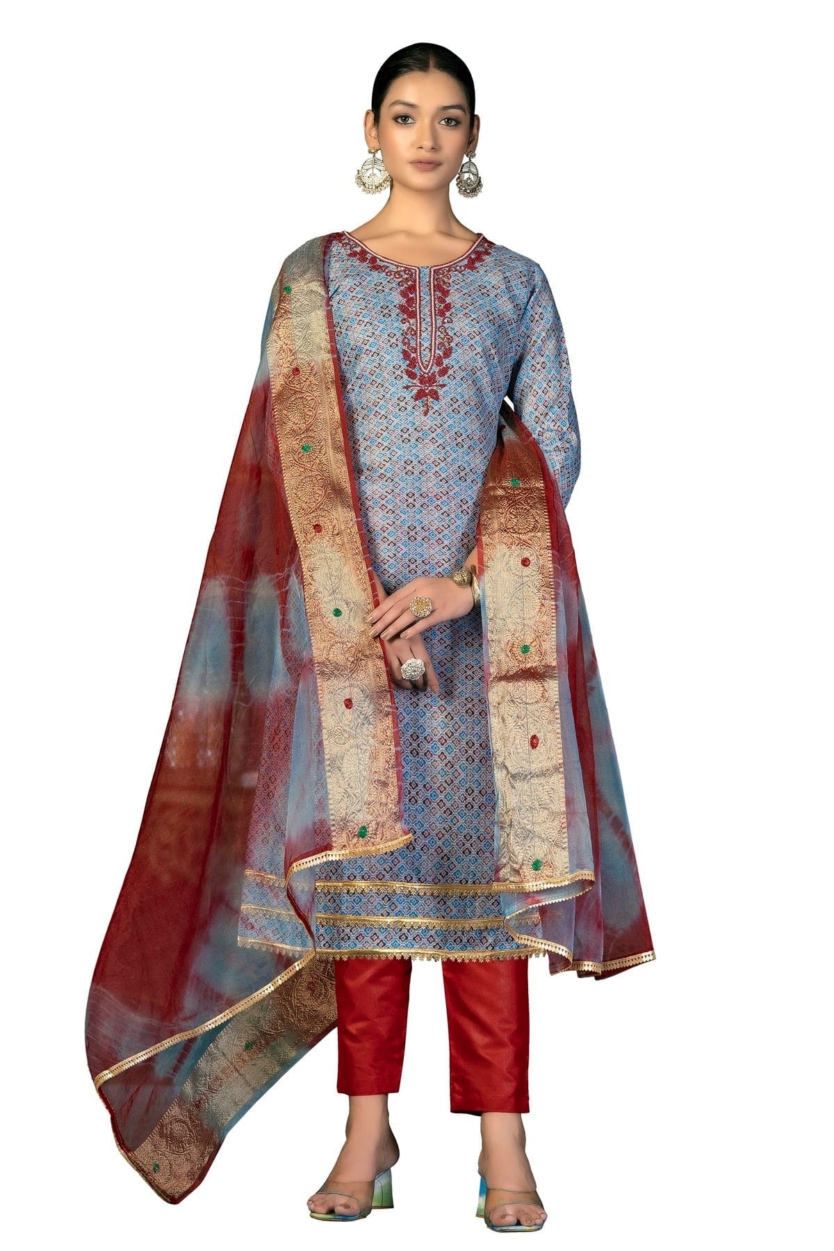 Slate Blue Colour Unstitched Cotton Fabric Straight Suit US1160955
