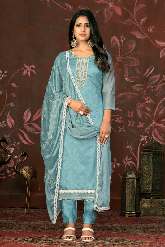 Slate Blue Colour Unstitched Modal Cotton Pant Style Suit US1161251