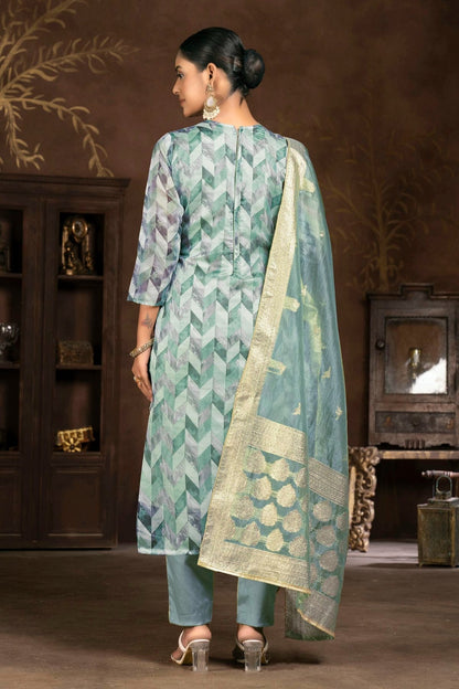 Slate Blue Colour Unstitched Organza Jacquard Pant Style Suit US1161330 A