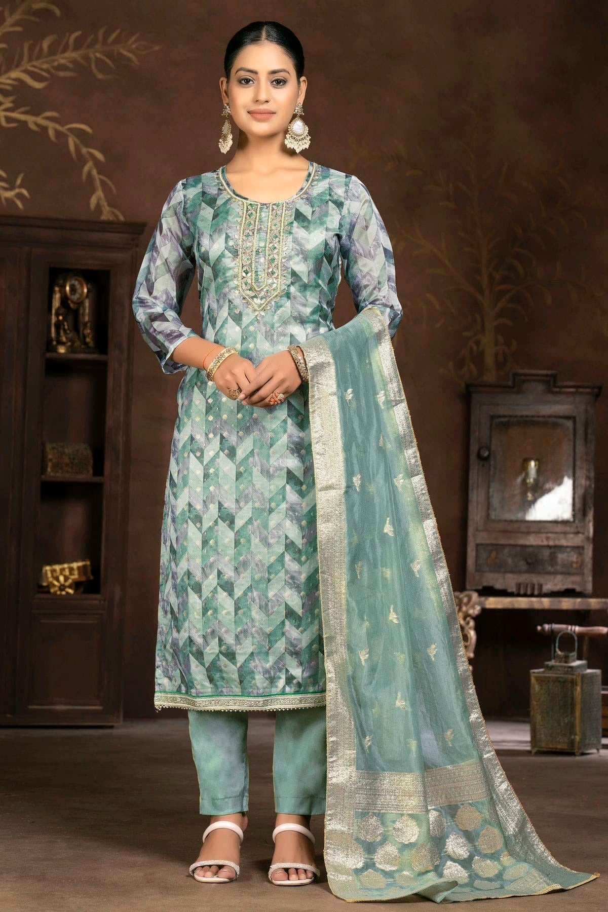 Slate Blue Colour Unstitched Organza Jacquard Pant Style Suit US1161330