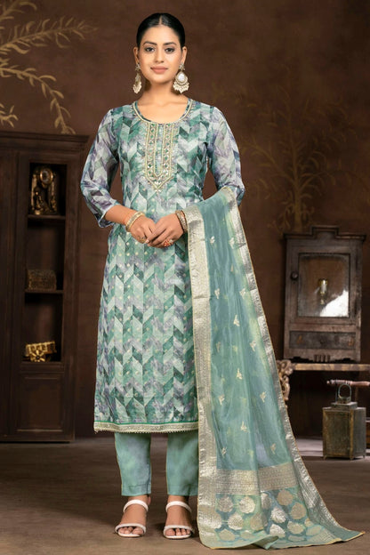 Slate Blue Colour Unstitched Organza Jacquard Pant Style Suit US1161330