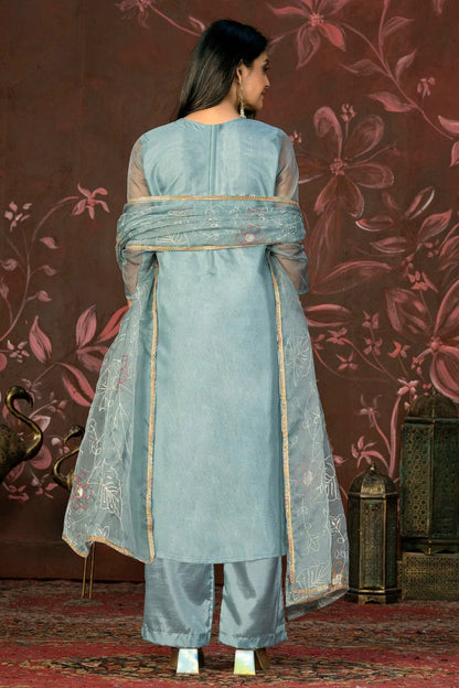 Slate Blue Colour Unstitched Organza Jacquard Straight Suit US1161323 A