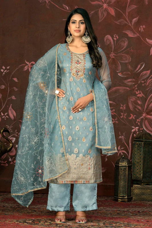 Slate Blue Colour Unstitched Organza Jacquard Straight Suit US1161323