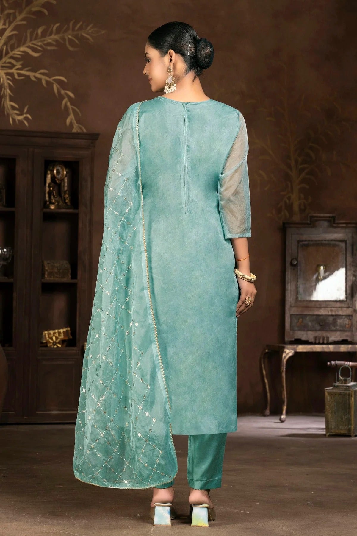 Slate Blue Colour Unstitched Pure Organza Pant Style Suit US1161352 A