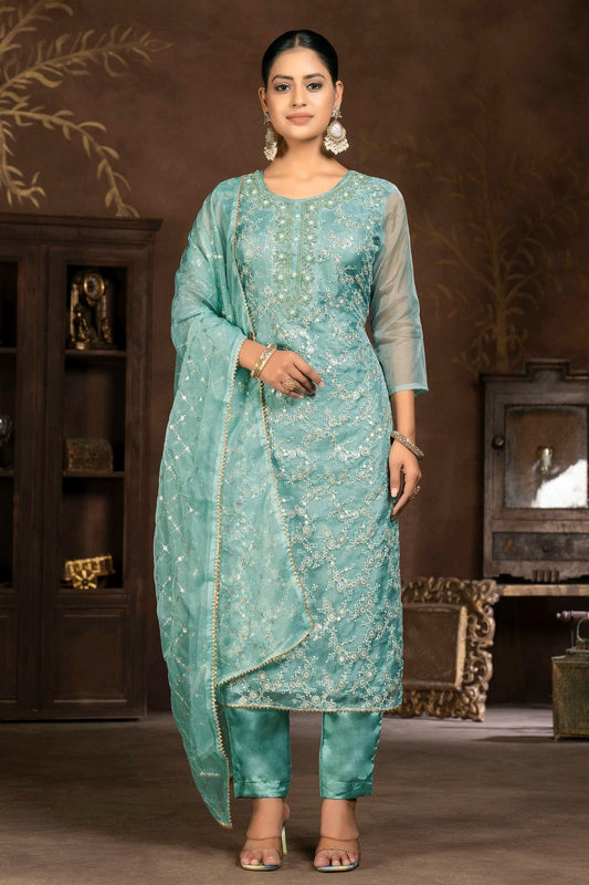 Slate Blue Colour Unstitched Pure Organza Pant Style Suit US1161352