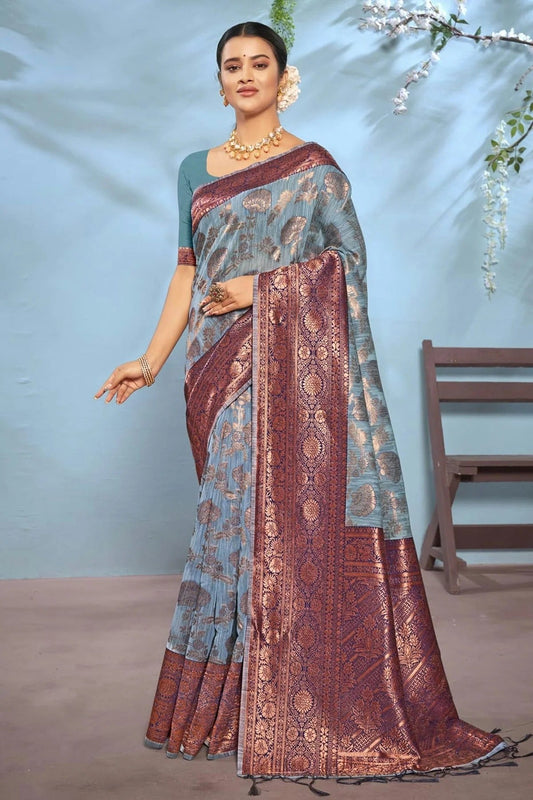 Slate Blue Colour Woven Work Cotton Saree SD1101372