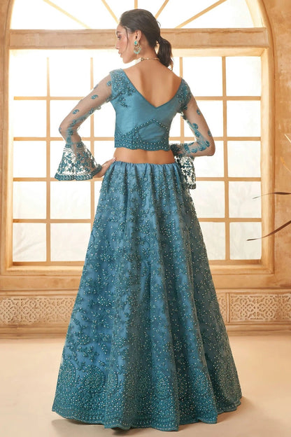 Slate Blue Embroidery Net and SilK Lehenga Choli LC1290148 A