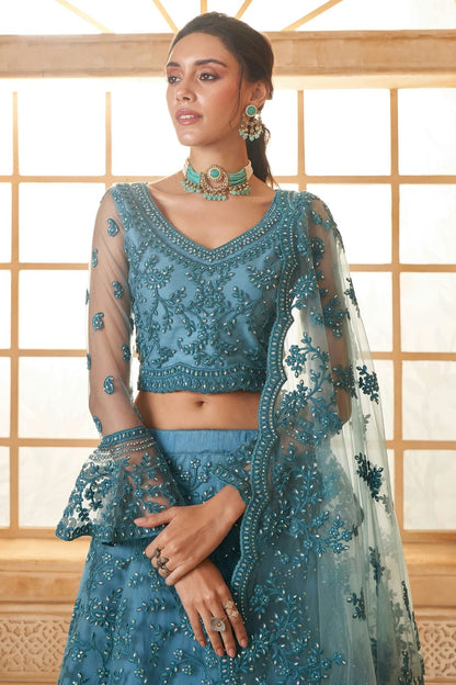 Slate Blue Embroidery Net and SilK Lehenga Choli LC1290148 B