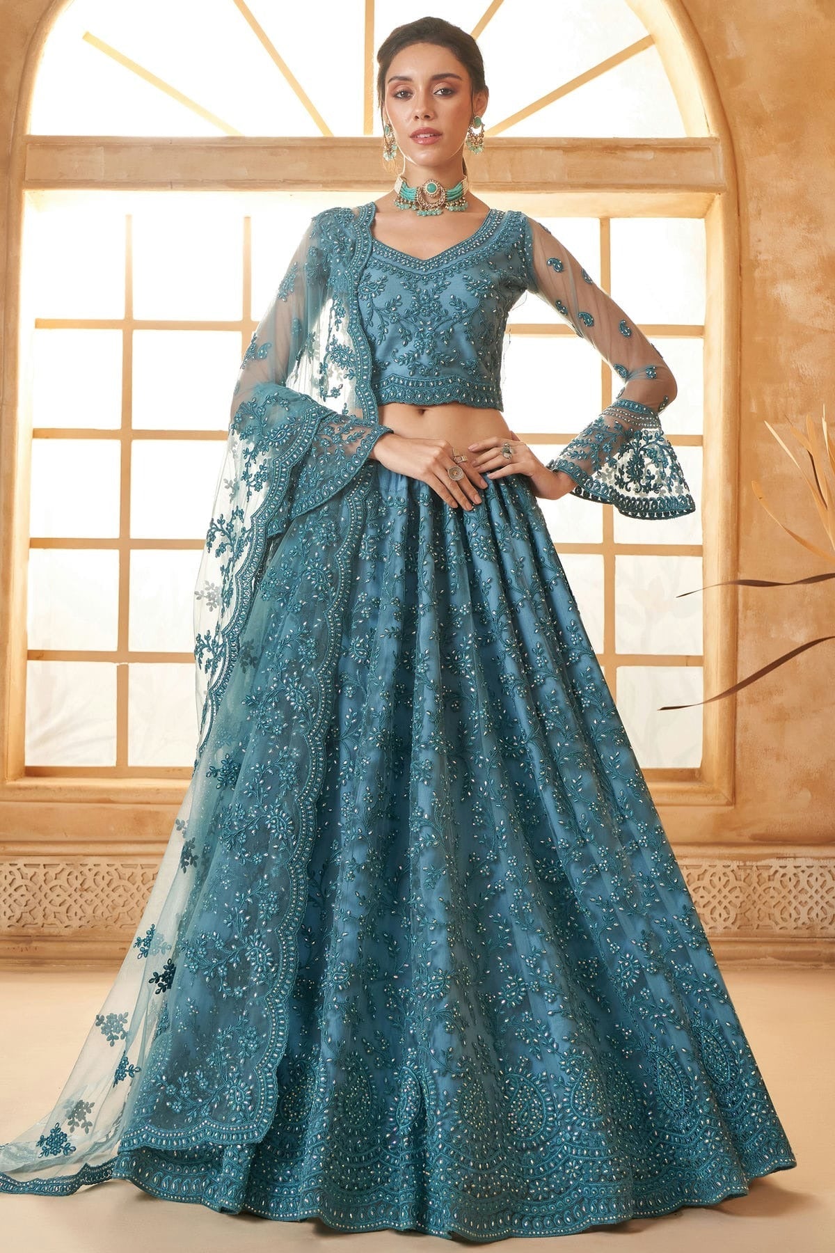 Slate Blue Embroidery Net and SilK Lehenga Choli LC1290148