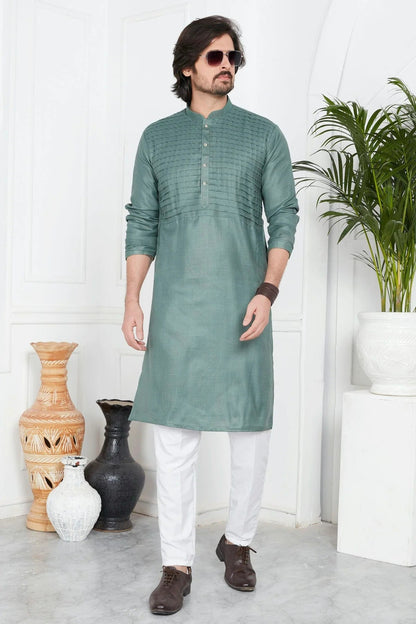 Slate Green Colour Linen Cotton Pintex Work Kurta Pajama KP1230127 A