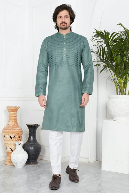Slate Green Colour Linen Cotton Pintex Work Kurta Pajama KP1230127