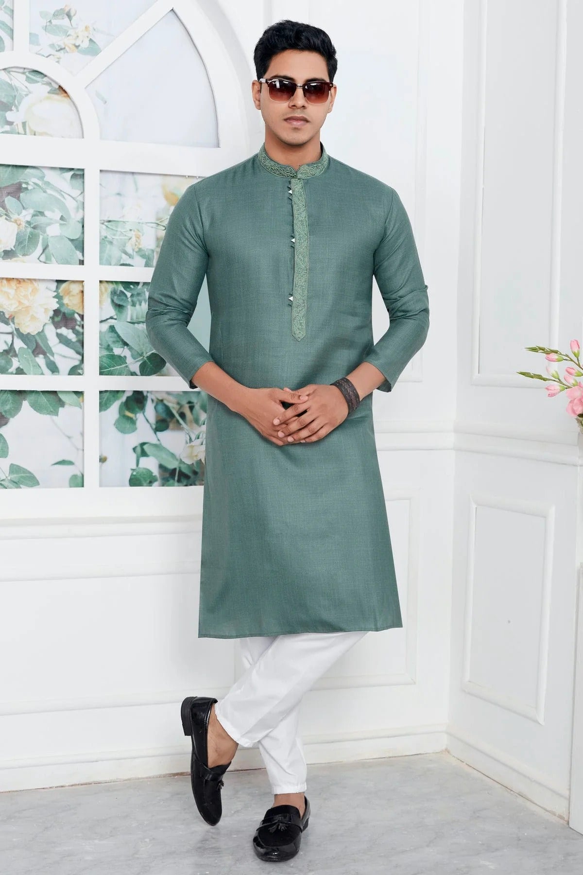 Slate Green Colour Linen Cotton Thread Work Kurta Pajama KP1230137 A