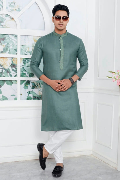 Slate Green Colour Linen Cotton Thread Work Kurta Pajama KP1230137 A