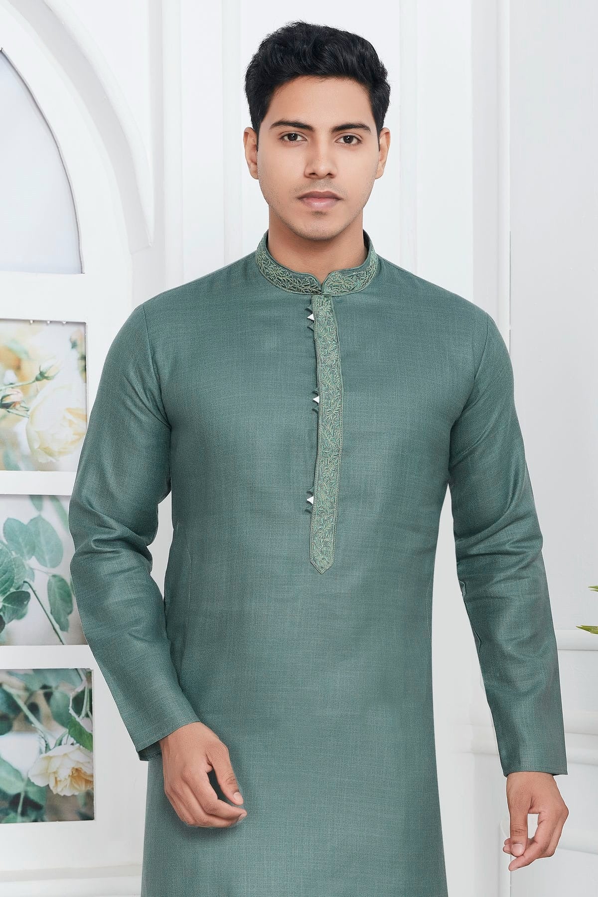 Slate Green Colour Linen Cotton Thread Work Kurta Pajama KP1230137 B
