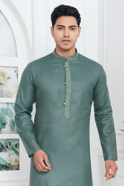 Slate Green Colour Linen Cotton Thread Work Kurta Pajama KP1230137 B