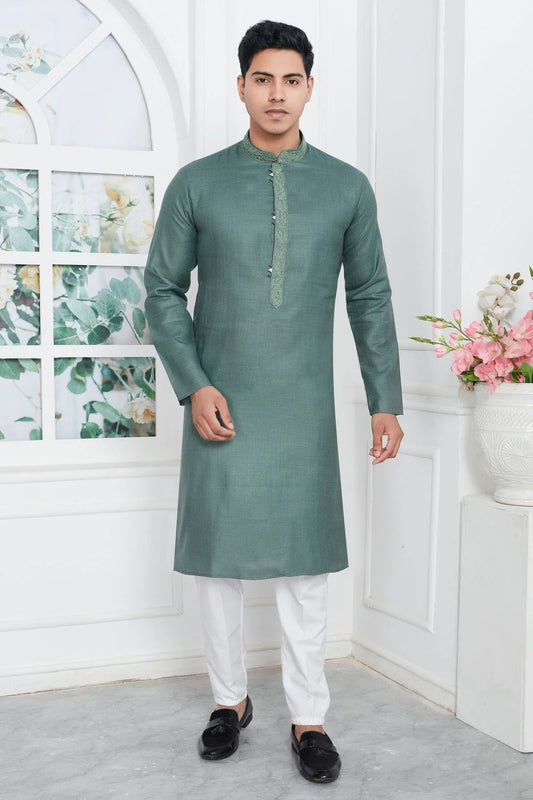 Slate Green Colour Linen Cotton Thread Work Kurta Pajama KP1230137