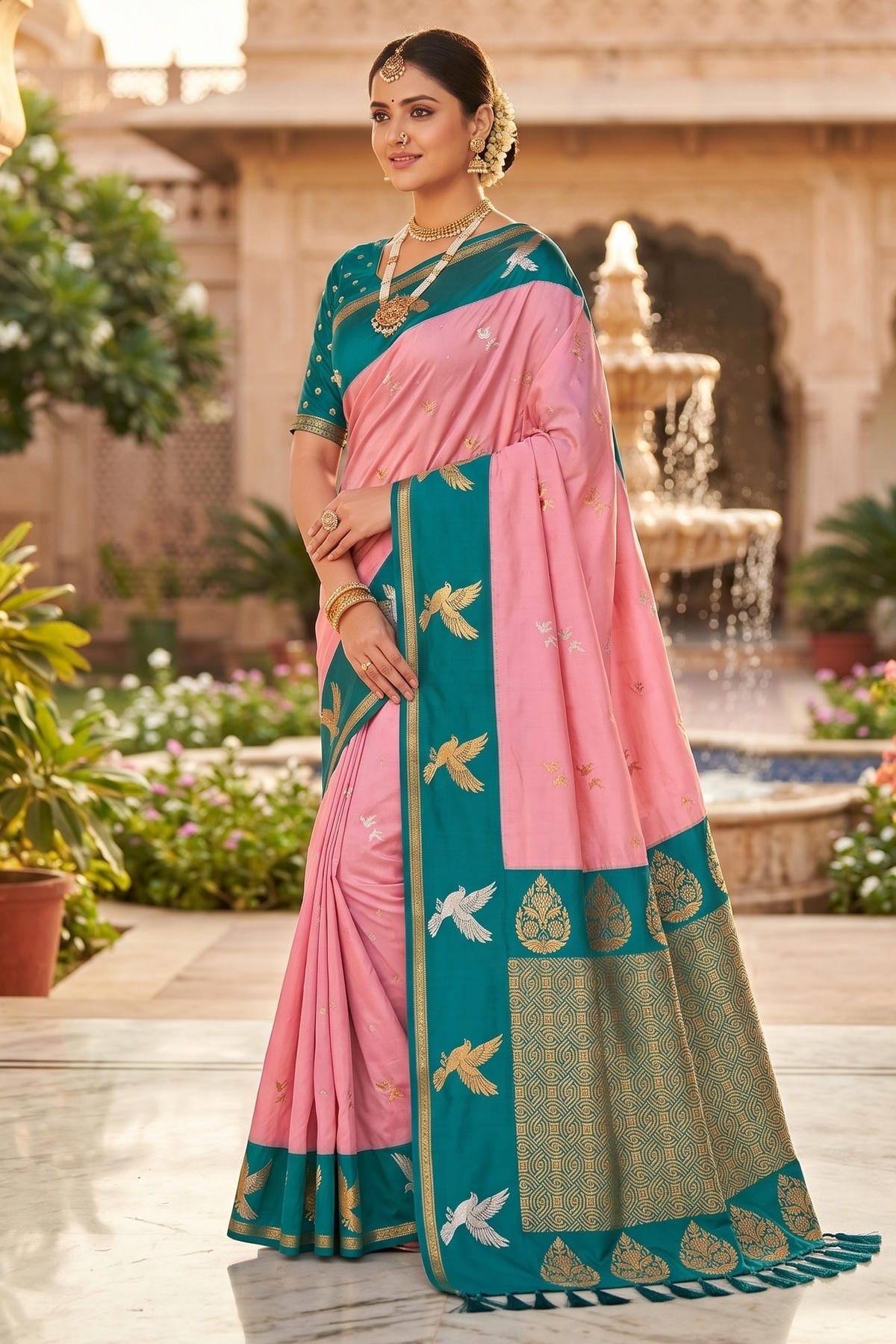 Soft Silk Woven Work Traditional Sarees In Baby Pink Colour