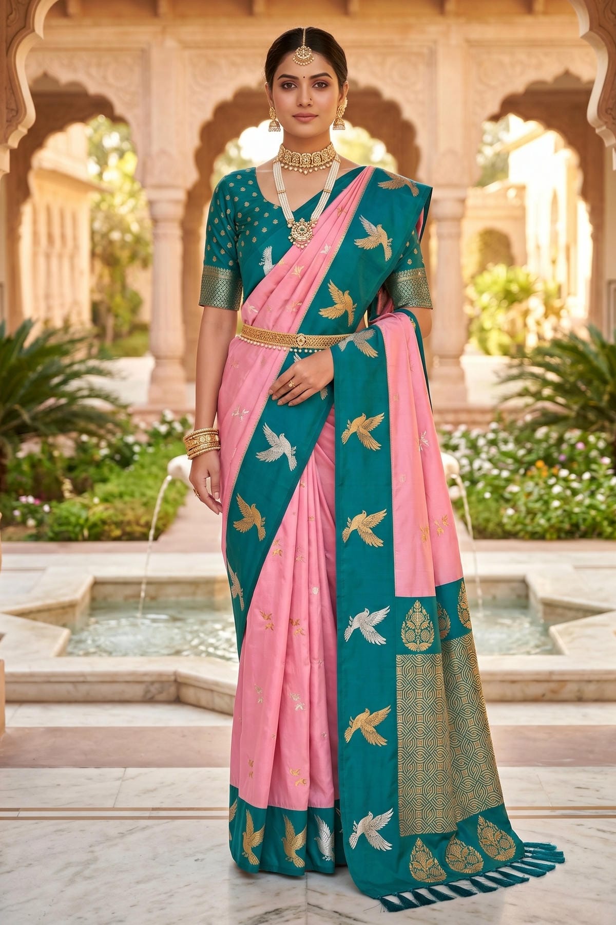Soft Silk Woven Work Traditional Sarees In Baby Pink Colour