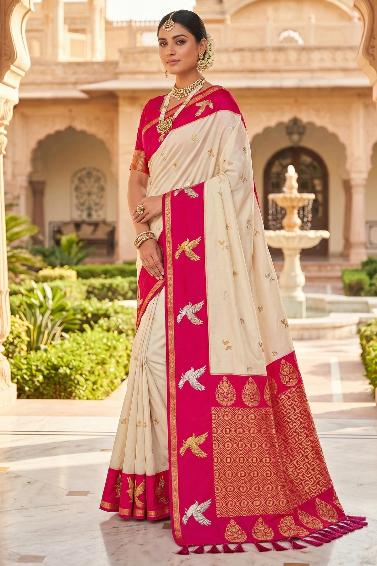 Soft Silk Woven Work Traditional Sarees In Cream Colour