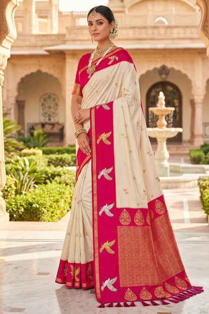 Soft Silk Woven Work Traditional Sarees In Cream Colour