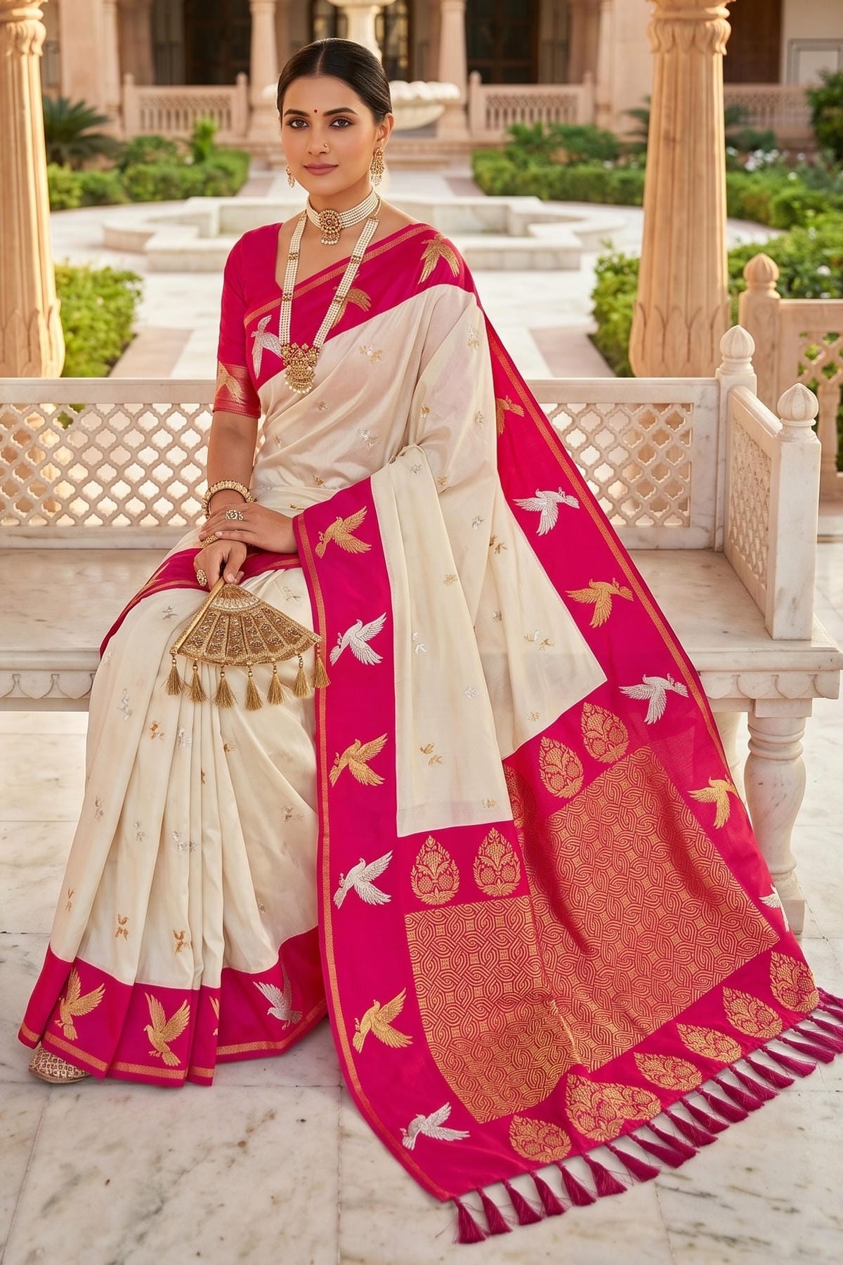 Soft Silk Woven Work Traditional Sarees In Cream Colour