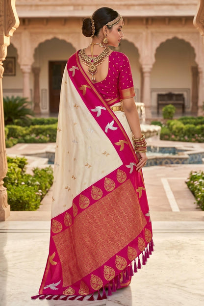 Soft Silk Woven Work Traditional Sarees In Cream Colour