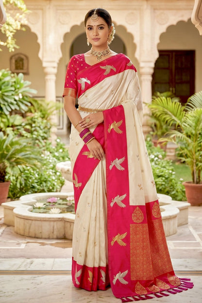 Soft Silk Woven Work Traditional Sarees In Cream Colour