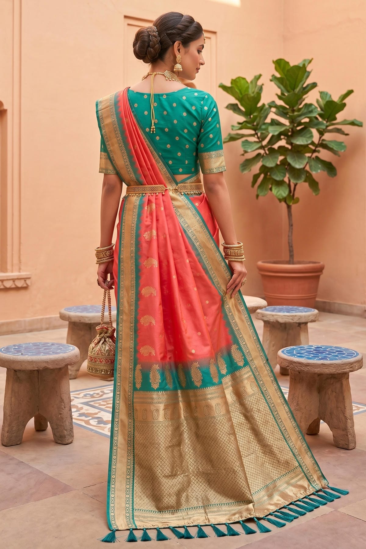 Soft Silk Woven Work Traditional Sarees In Gajri Colour