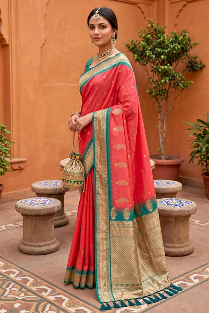 Soft Silk Woven Work Traditional Sarees In Gajri Colour
