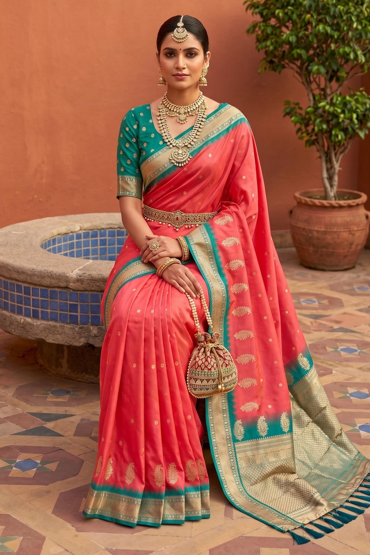 Soft Silk Woven Work Traditional Sarees In Gajri Colour