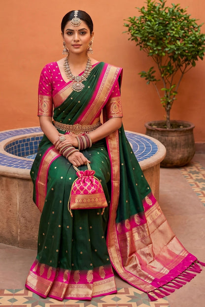 Soft Silk Woven Work Traditional Sarees In Green Colour
