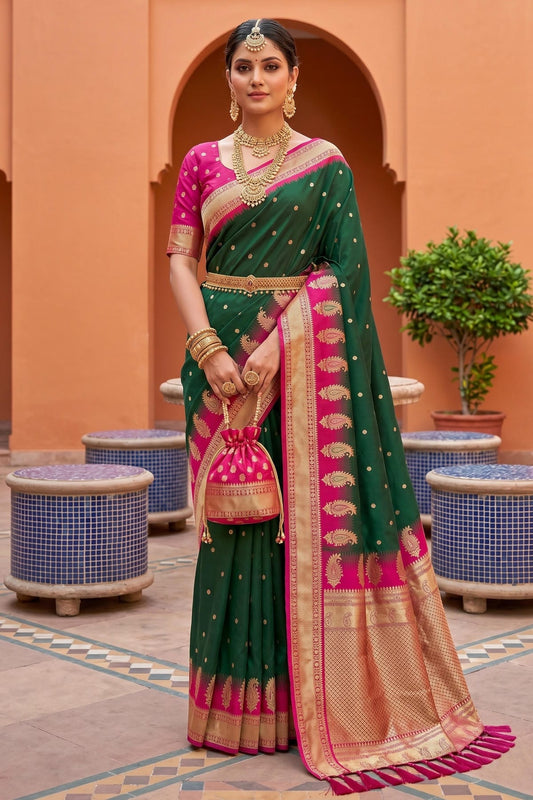 Soft Silk Woven Work Traditional Sarees In Green Colour
