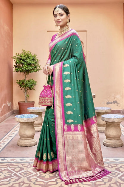 Soft Silk Woven Work Traditional Sarees In Green Colour