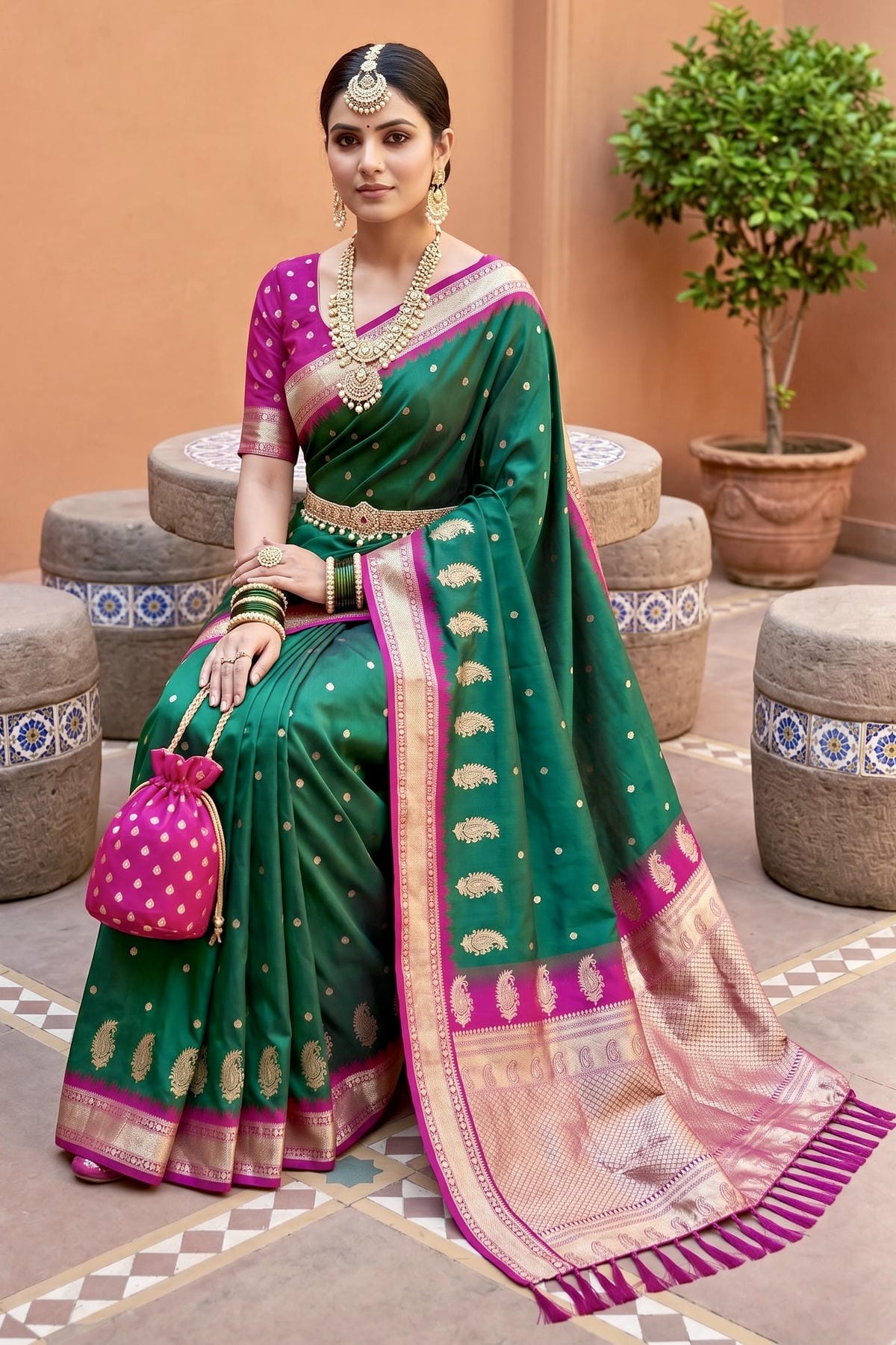 Soft Silk Woven Work Traditional Sarees In Green Colour