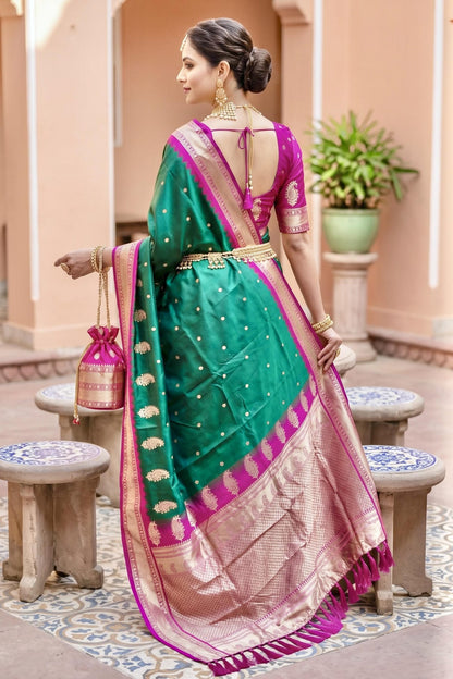 Soft Silk Woven Work Traditional Sarees In Green Colour