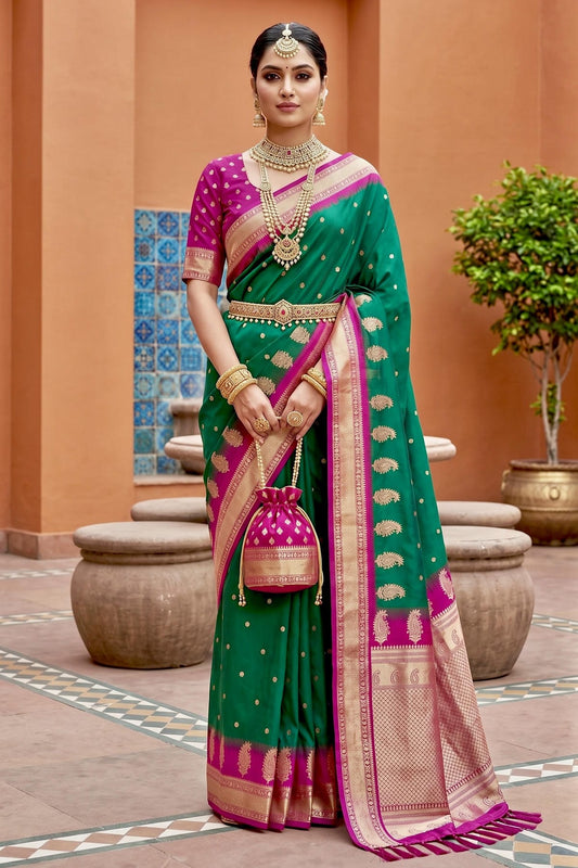 Soft Silk Woven Work Traditional Sarees In Green Colour