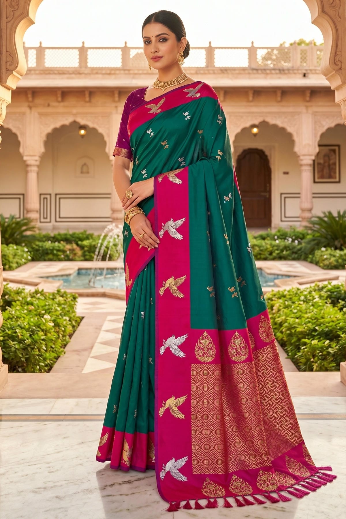 Soft Silk Woven Work Traditional Sarees In Green Colour