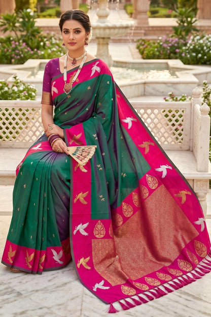 Soft Silk Woven Work Traditional Sarees In Green Colour