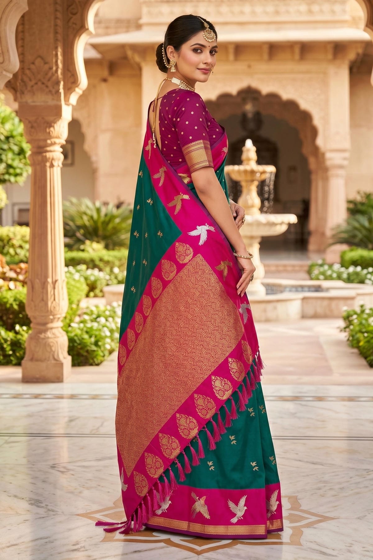 Soft Silk Woven Work Traditional Sarees In Green Colour
